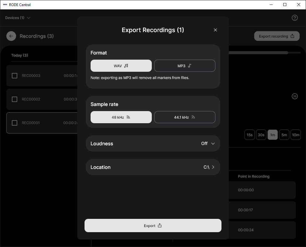 RØDE Central showing export selection on Wireless GO II recording